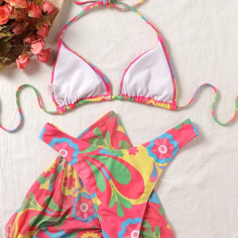 New Floral Triangle Cup Print Tie Sexy Bikini Three-Piece Swimsuit