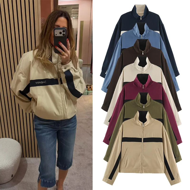 HipSeam Women's Contrast Striped Jacket with Zipper New 2026 Autumn Stand-Neck Long Sleeve Women Coats Simple Female Tops