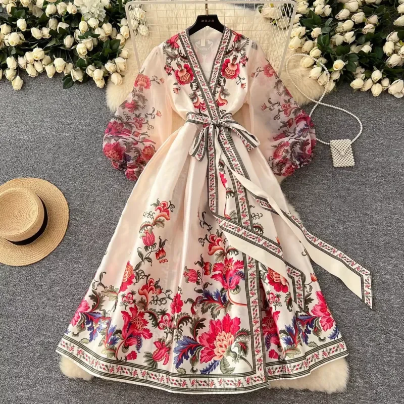 Women Retro Floral Print Bandage Wrap Dress V Neck Lantern Sleeve Chiffon Satin Patchwork Long Party Vestido Elegant Evening