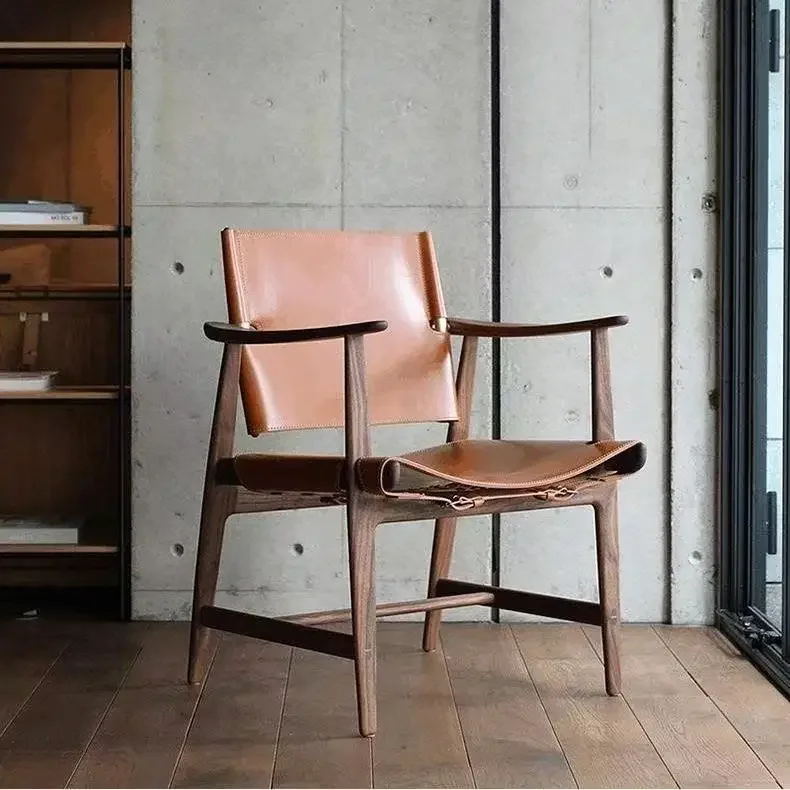 Vintage Wabi-Sabi Style Solid Oak Wood Dining Chair Creative Middle Ages Spanish Leather Design for Home Office Hunting Lodge