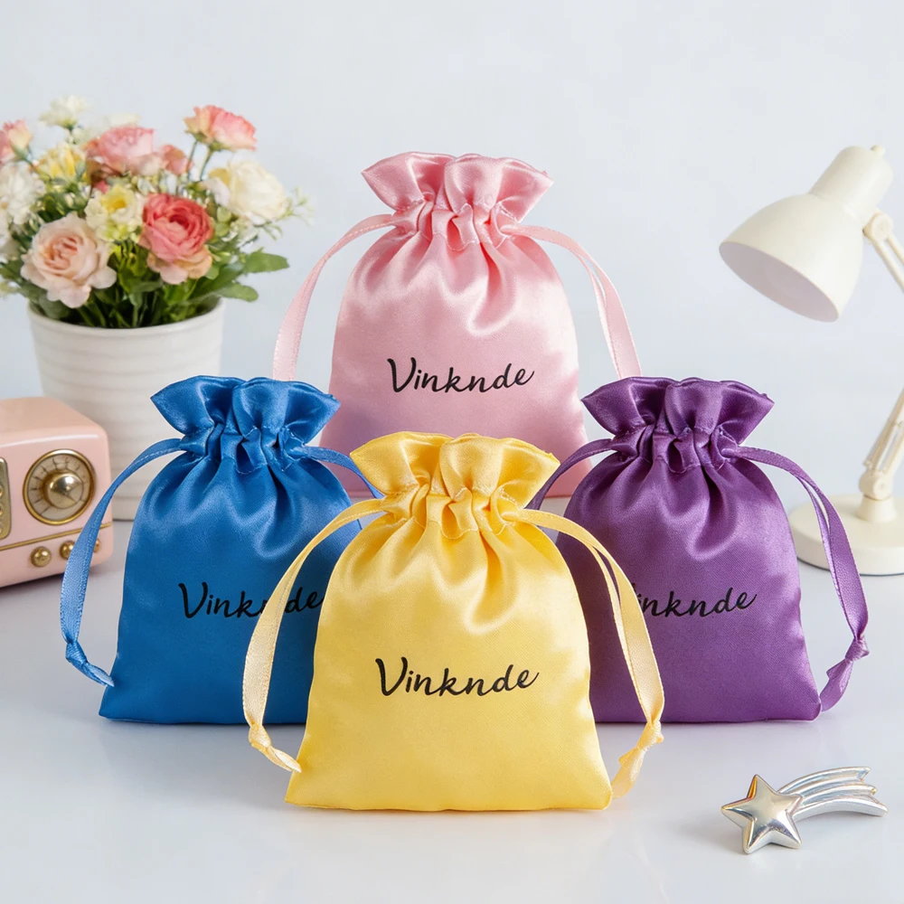 

100Pcs/Lot Drawstring Satin Silk Bag Pouches Custom Logo Cosmetics Rings Jewelry Packaging Bag Wedding Favor Gift Storage Sack