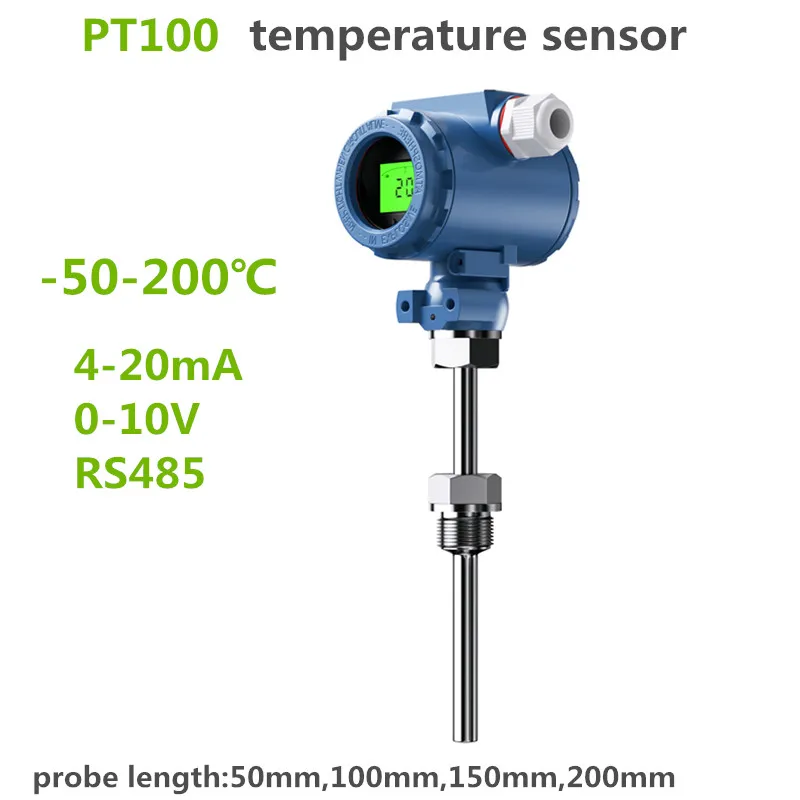 PT100 Temperature Sensor  0-100C 50C 200C Probe Detection Water Oil Steam 4-20mA RS485 Output Temperature Transmitter