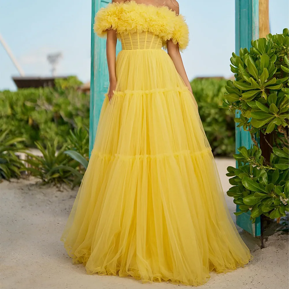 

Tulle Off the Shoulder Sleeveless Scalloped Floor Length A-Line Evening Dress Tiered Fashion Photo Color Saudi Arabia 2024