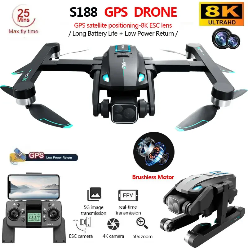 S188 Drone 8K Profesjonalny podwójny aparat HD GPS 5G Wifi Unikanie przeszkód Bezszczotkowy składany quadcopter RC Odległość 2KM Dron Zabawki