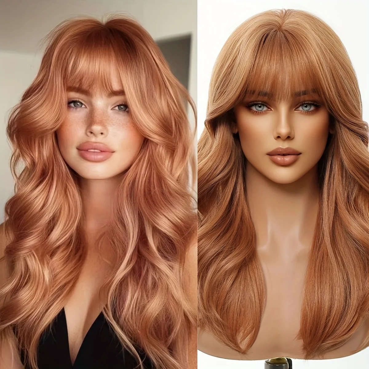 

18inch Wavy Orange-Brown Wig with Bangs and Highlights, Synthetic Wig, Suitable for Daily Use