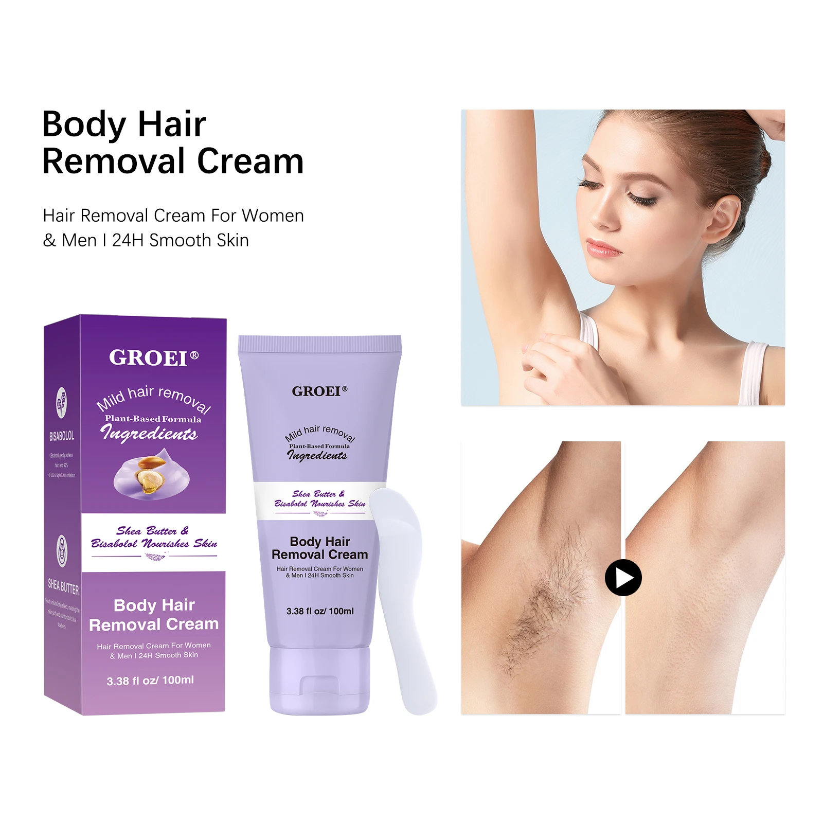 

【Body Hair Removal Cream】100ml for Arms, Armpits & Legs, Gentle & Effective Formula, Long-Lasting Smoothness, Unisex by GROEI