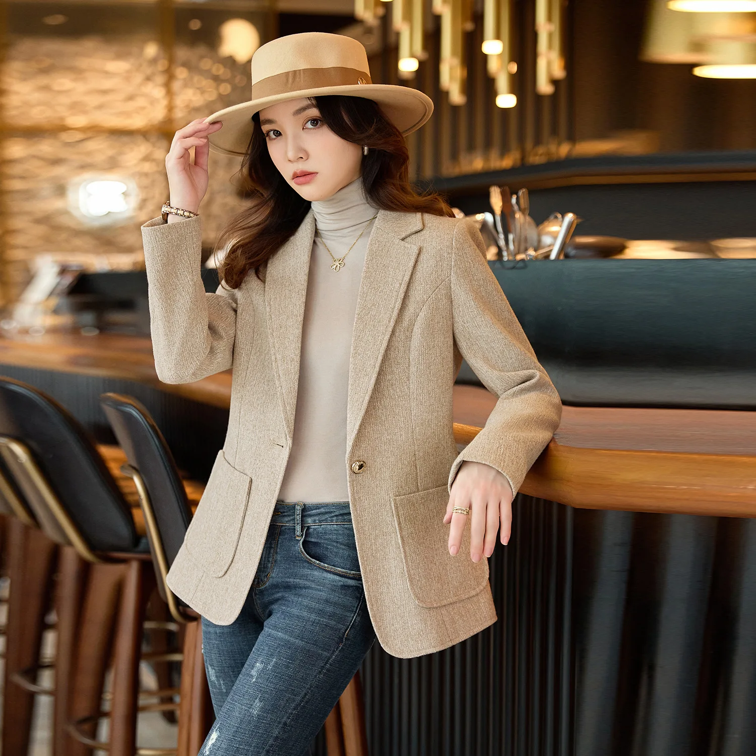 秋冬レディースブレザー女性長袖無地ルーズフォーマルジャケットコートカジュアルワンボタンスーツスリム女性用トップス