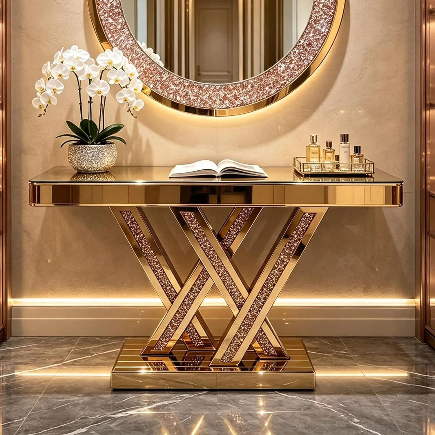 Mirrored Console Table with Crushed Diamond Inlay 35.4