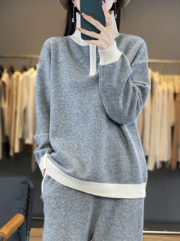 Women's Two-piece 100%Merino Wool Turtleneck Sweater Women's High-waisted Straight Pants Autumn/Winter Thick Color Matching Suit