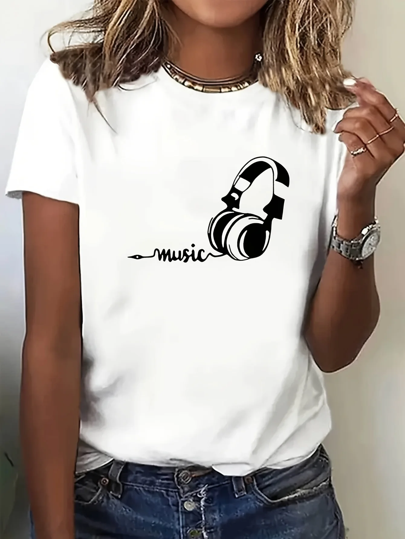 Women'S Casual Music Headphones Graphic T-Shirt - White Short Sleeve Crew Neck, Loose Fit, Machine Washable