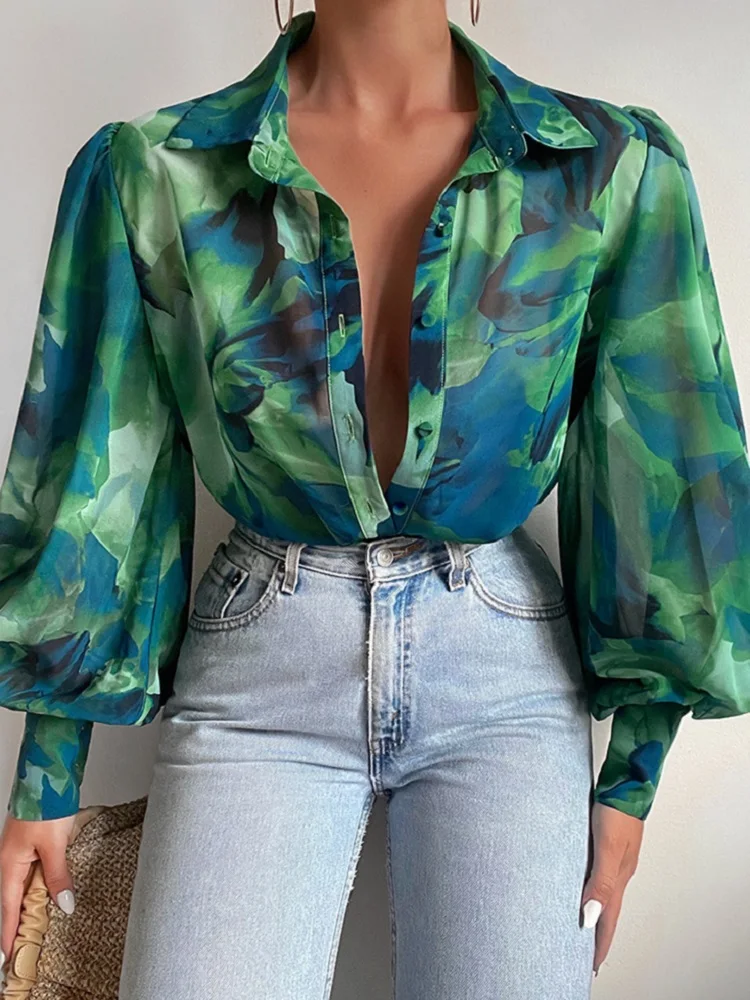 2023 Spring Women Shirt Vintage Elegant Print Lapel Shirts Tops Female Casual Long Sleeve Single-breasted Loose Blouses Shirts