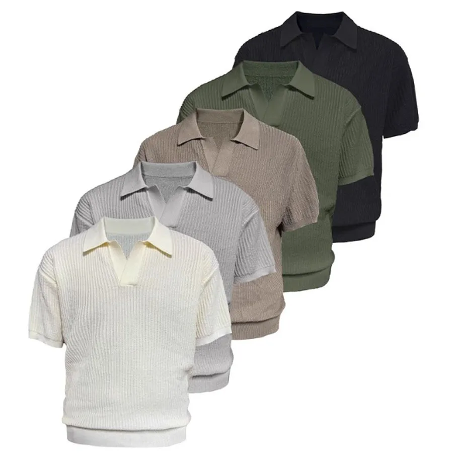 POLO shirt V-neck short-sleeved knitted sweater men's slim-fitting business style lapel collar striped ice silk breathable