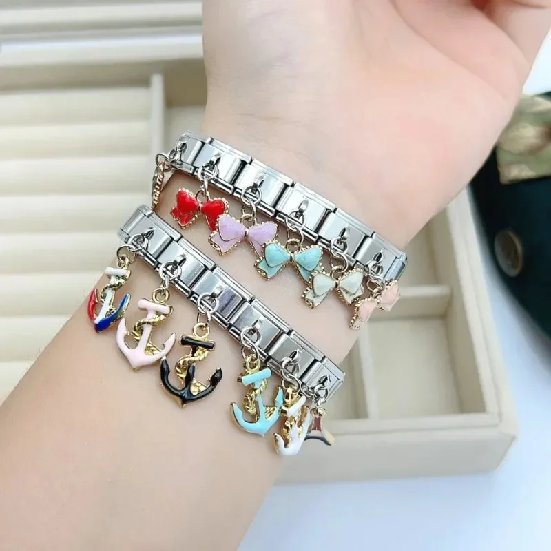 2024 Popular Bow Anchor Pendant Elastic Charm Italian Links Fit 9mm Modular Bracelet Making DIY Jewelry bulk image 5