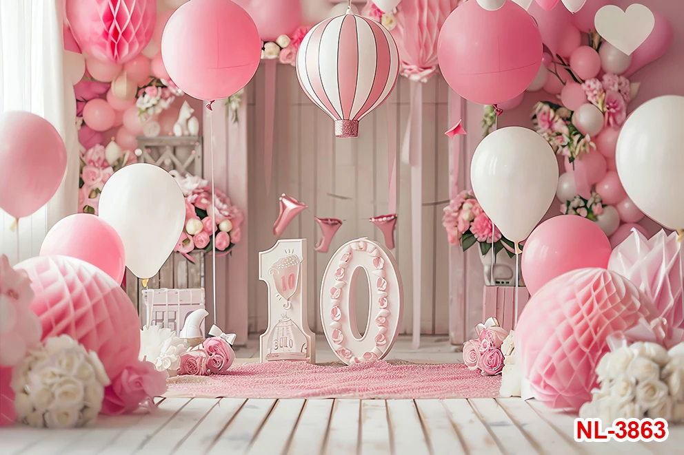 الوردي حفلة عيد ميلاد كعكة سحق بريق 10th 9th 8th الخلفيات التصوير الفوتوغرافي الهدايا الفتيات بالونات الخلفيات استوديو فوتوزون