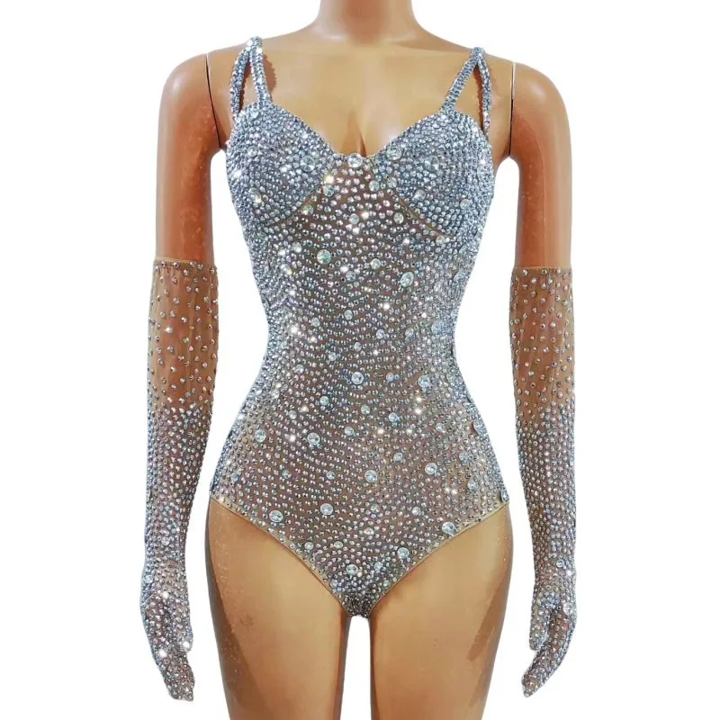 

Silver Rhinestones Mesh Bodysuit Crystal Gloves Dance Outfit Women Singer Concert Sexy Stage Wear Party Rave Performance Costume