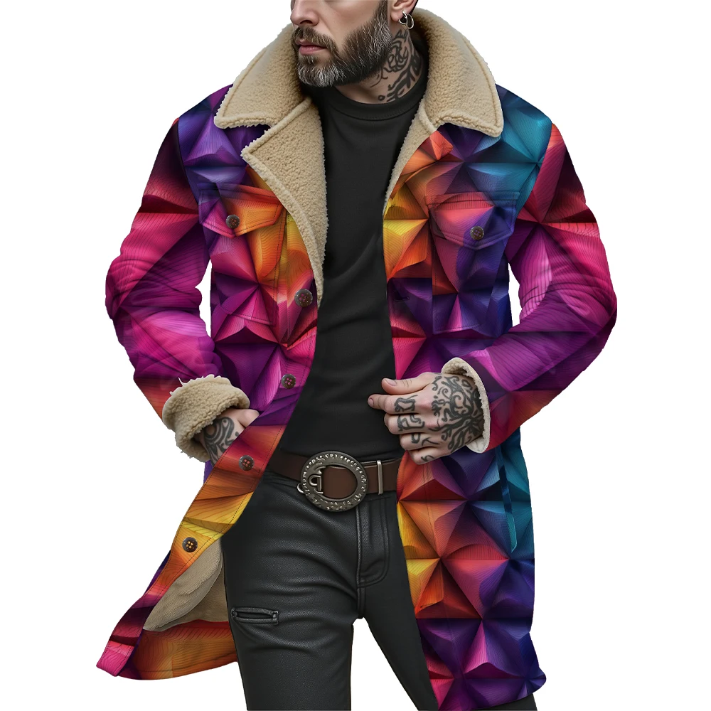 Colorful Trendy Geometric Print Reversible Jacket with Plush Collar Stylish and Warm Coats Outerwear for Men and Women Fashion