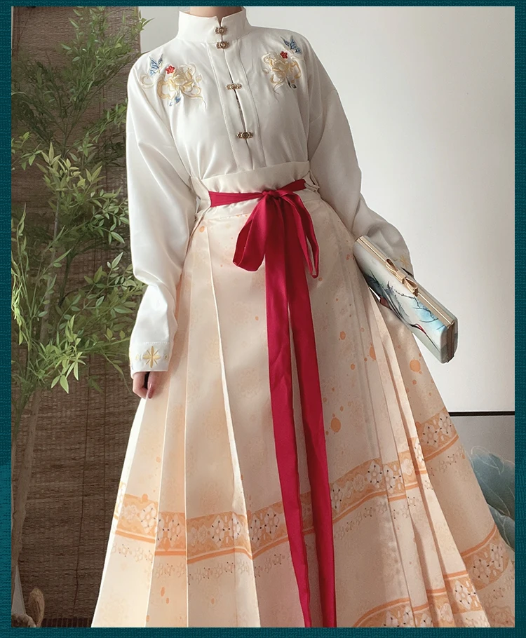 Hanfu Horse Face Skirt Women\'s Traditional Chinese Retro Hanfu Pleated Skirt Red Blue Black Beige Shirt+Skirt Set