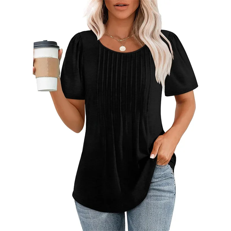 Elegant Pleated Short Sleeve Splice Tops Women Solid Color Stripes O Neck Pullover T-Shirt Female Summer Comfortable Casual Tees