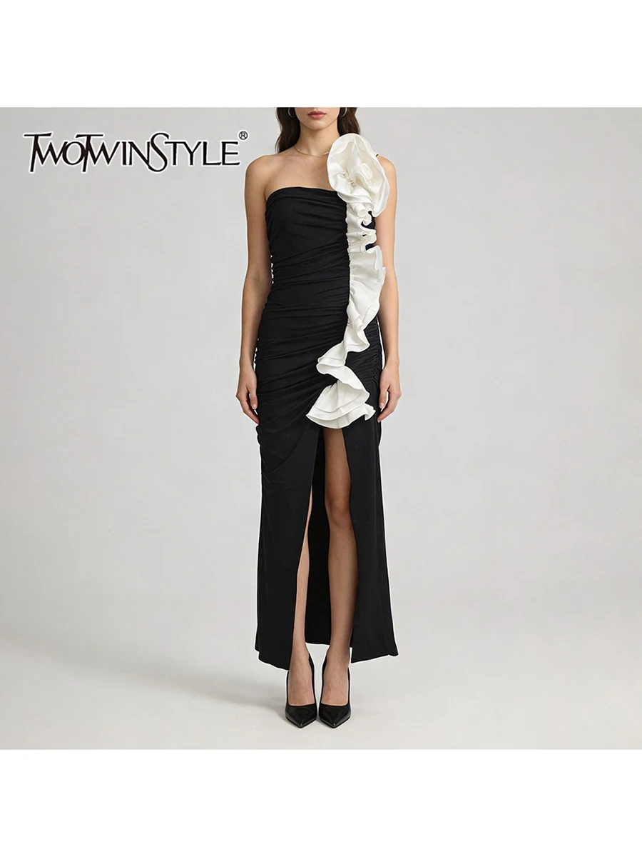 

TWOTWINSTYLE хит цвета для похудения сращенные 3D цветочные сексуальные платья для женщин без бретелек без рукавов лоскутное платье с гофрировкой женское