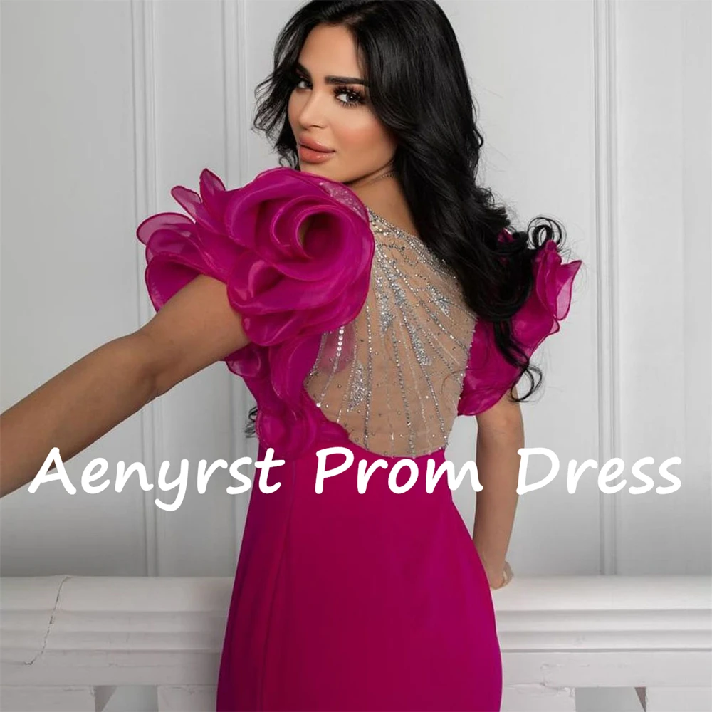 Aenyrst O-Neck 3D Flower Satin Saudi Prom Dresses Mermaid Ruffles Split Evening Gowns For Women Floor Length Formal Party Dress