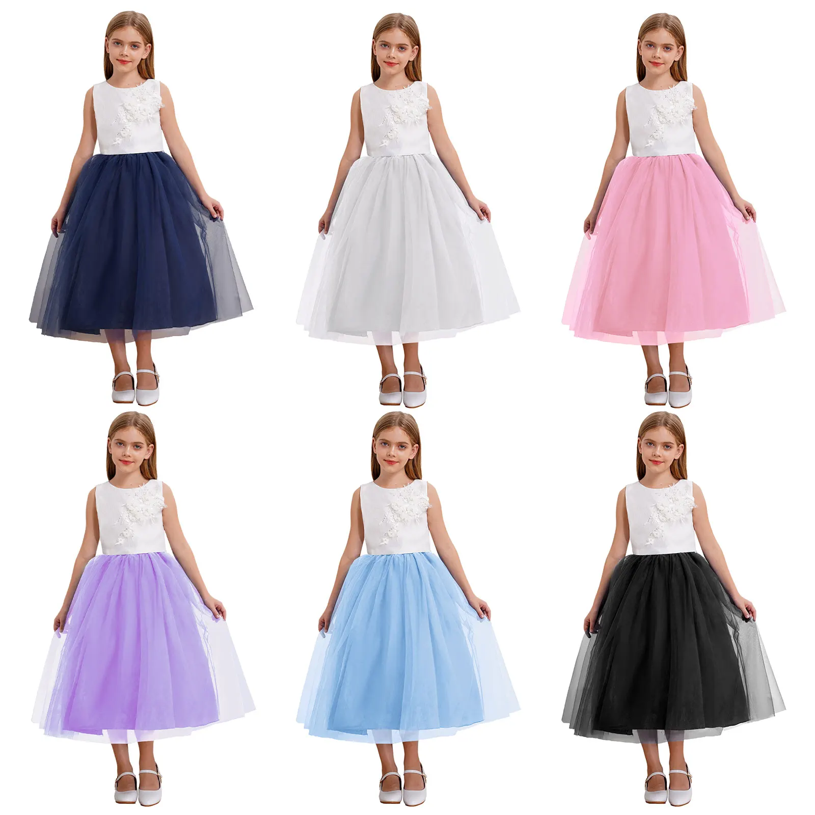 Set Gaun Anak Perempuan dengan Tank Top Applique dan Rok Tulle Panjang untuk Perjamuan Ulang Tahun Pengiring Pengantin Pesta Pernikahan Elegan Anak Bunga