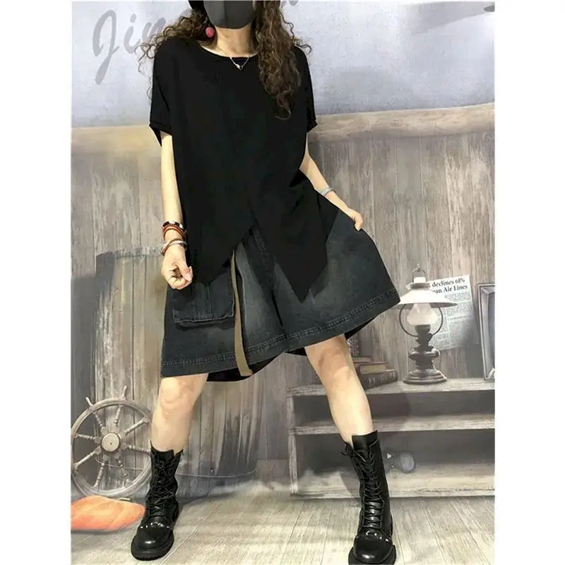Irregular Split T Shirts Women Fashion Solid Color Art T-shirt Casual Loose Short Sleeve Oversized Tops Summer Trend Thin Tshirt