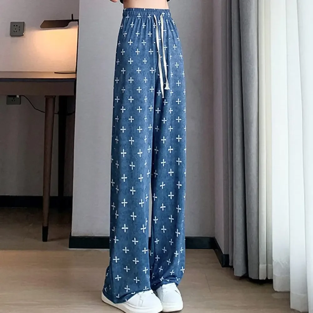 High Street Trousers Women Elastic Waist Drawstring Letter Print Pants Female Straight Wide Leg Pants Casual Office Trousers