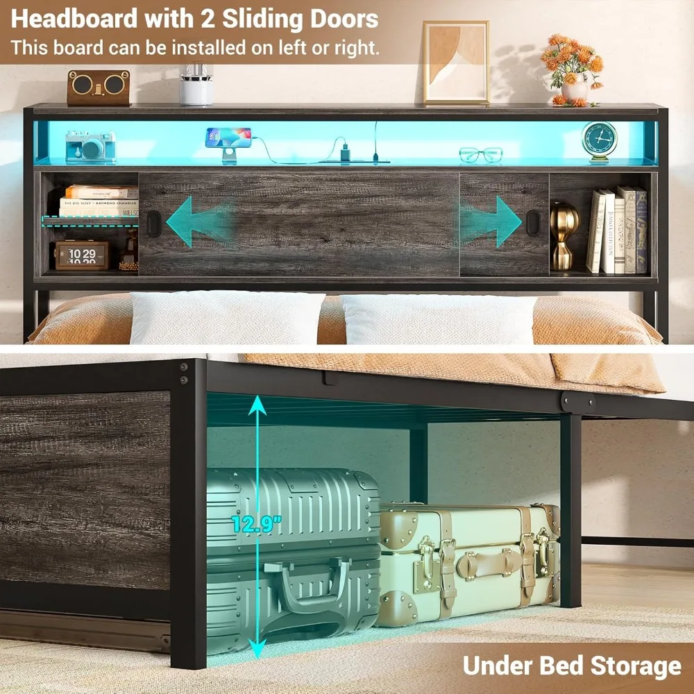 Queen Size Bed Frame - Storage Headboard Bed with Sliding Doors, LED Lights & USB Charging Station, Metal Platform Bed Frame