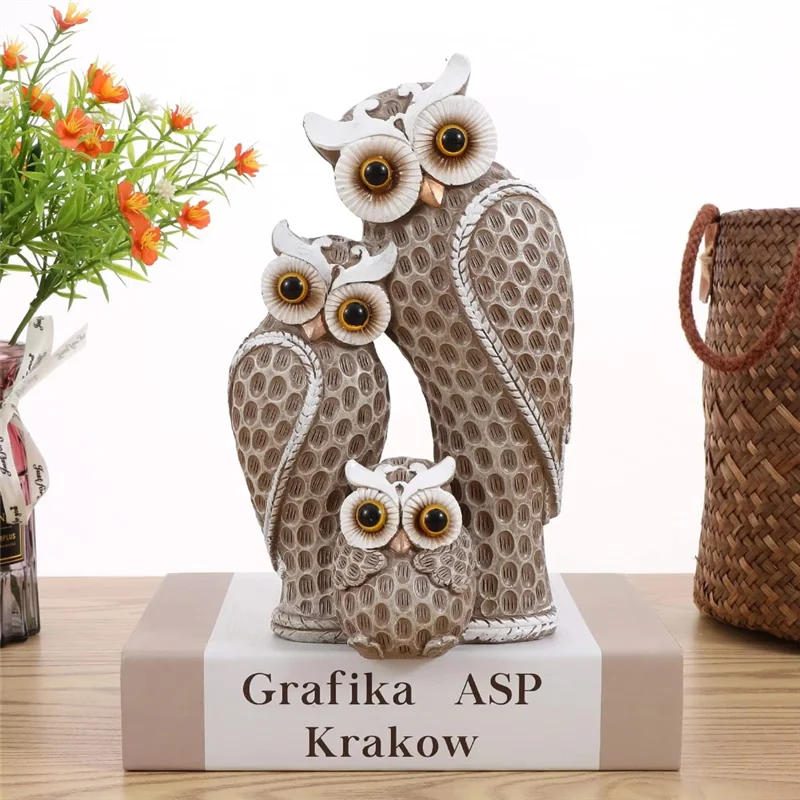 

A98E-Owl Decorative Statue Sculpture Shelf Decor Figurine Cute Family Of Three Owl Figurines Resin Bird Sculptures Owl Decor