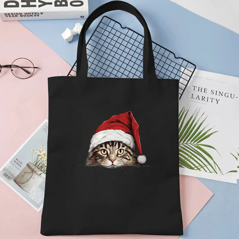 Funny Christmas Cat Print Canvas Tote Bag Large Capacity Teen Shoulder Shopping Bag Fashion Women\'s Christmas Gift Handbags