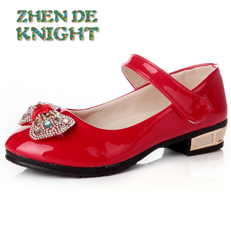 Meisjes Lakschoenen Herfst Nieuwe Mode Prinses Grote Meisje Hakken Schoenen Strass Bowtie Zwart Roze Rood Bruiloft Flats