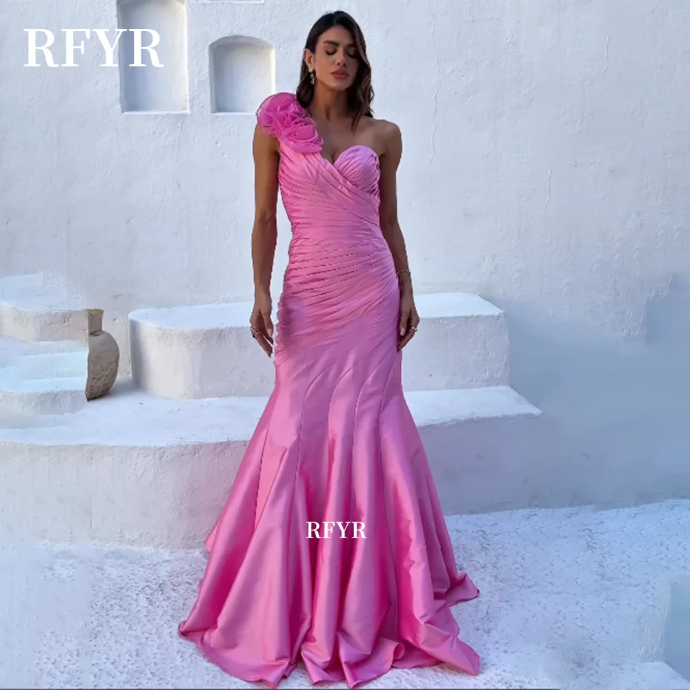 

RFYR Mermaid Prom Dress with Flowers Evening Party Dresses with Pleats One Shoulder Princess Dress vestidos de fiesta