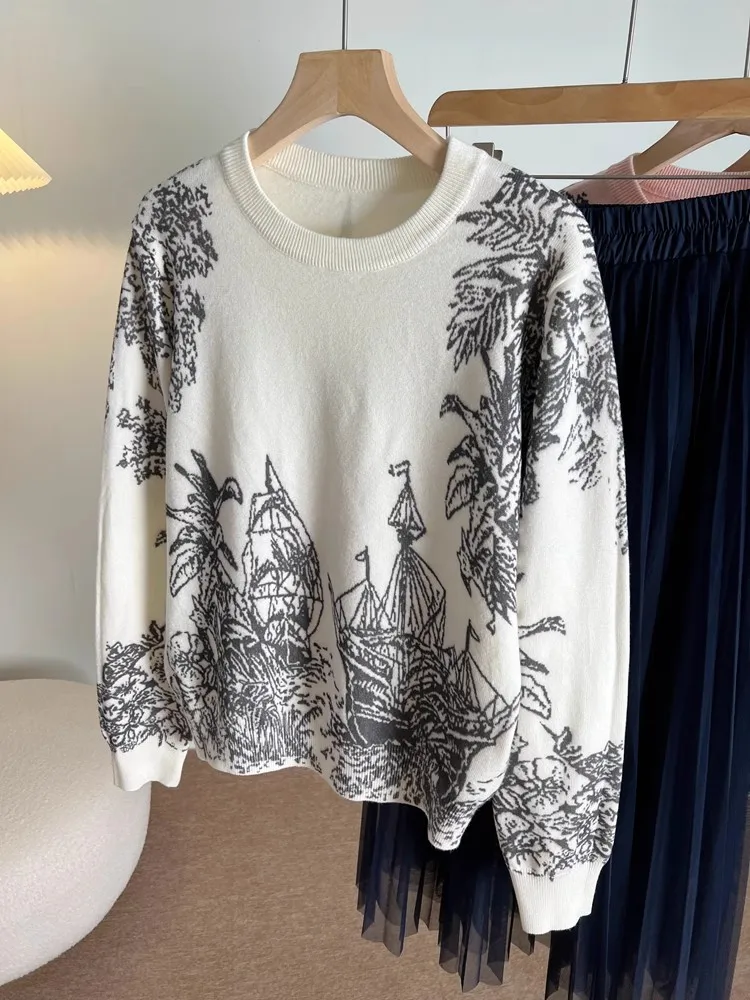 2024 Spring Fall Women Casual Style Pattern Printing Pullover Sweater Classic Crew Neck Knit Tops C-069