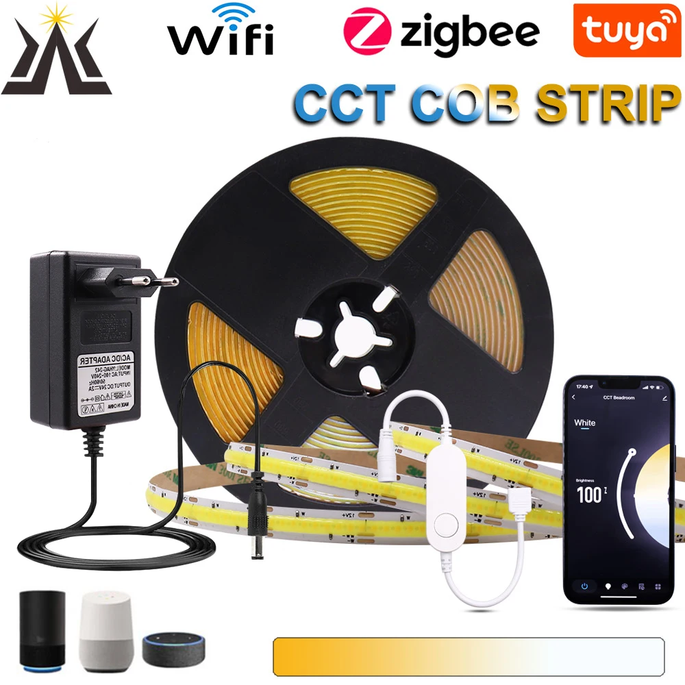 Tuya CCT COB Strip LED Light Kit Zigbee Wifi Smart Lighting Dimmable DC 24V Work with Alexa Google Assistant Hub* SmartThings