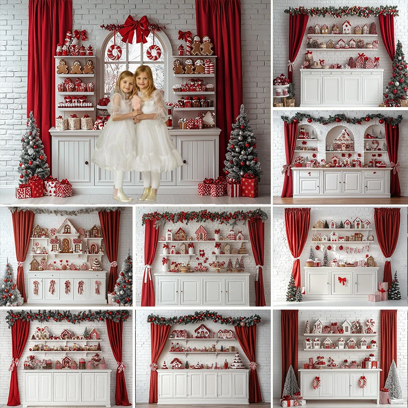 

LS Xmas Holiday Kitchen Wall Backdrops Kids Adult Christmas Photography Child Baby Photocall Cupboard Brick Wall Backgrounds