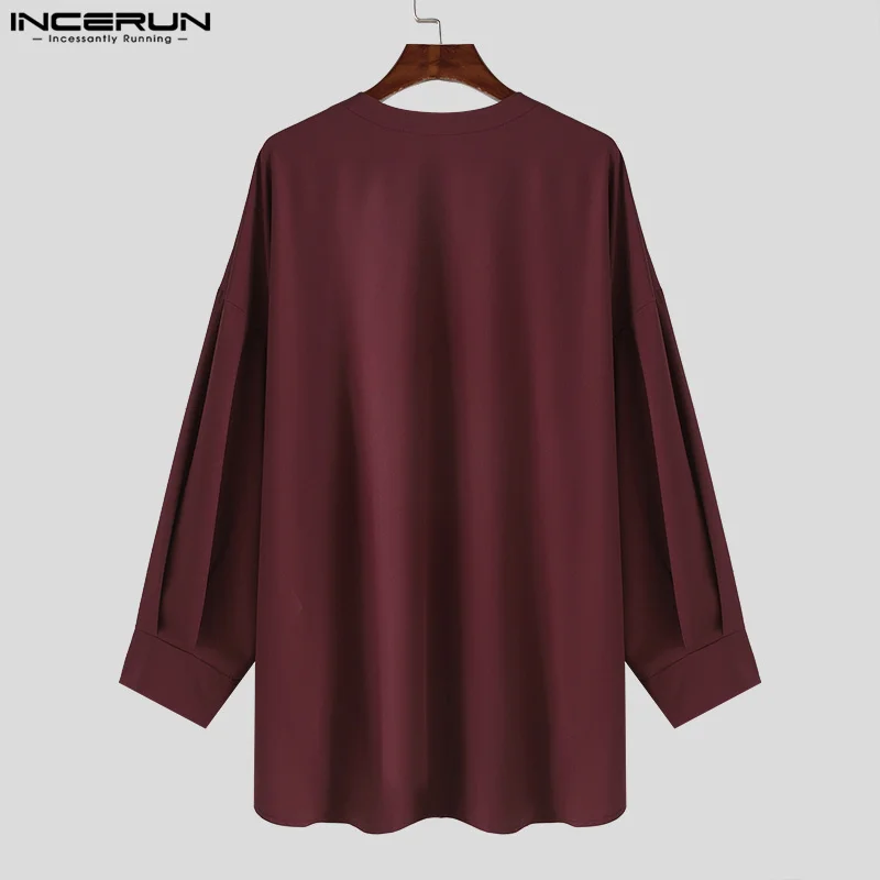 2024 Men Shirt Solid Color V Neck Long Sleeve Korean Casual Men Clothing Loose Streetwear Fashion Leisure Shirts S-5XL INCERUN