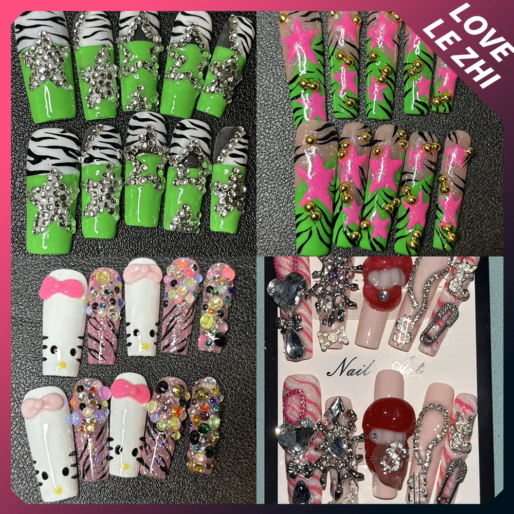Spicy Girl Xl Long Square Duck-Bill Shape Reusable Nail Party Stickers 3D Cat Bowknot Diamond Leopard Print Stripes Fake Nail