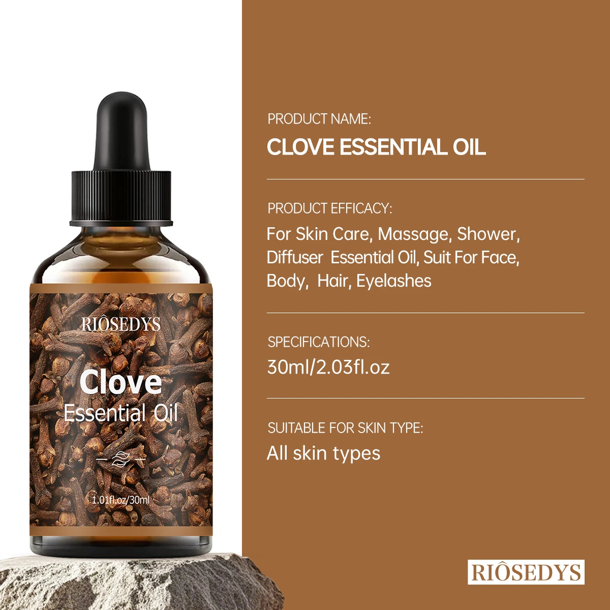 زيت القرنفل العطري، ذو رائحة خشبية، مناسب لتدليك الجسم والعناية بالشعر، ويمكن أيضًا في العلاج العطري. #6