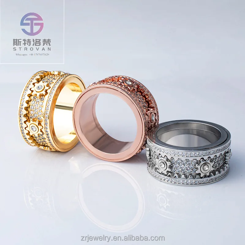 925 Sterling Silver Men's Fashion Ring Rotatable Full Set with Rotatable Cubic Zircon Gemstone Rings