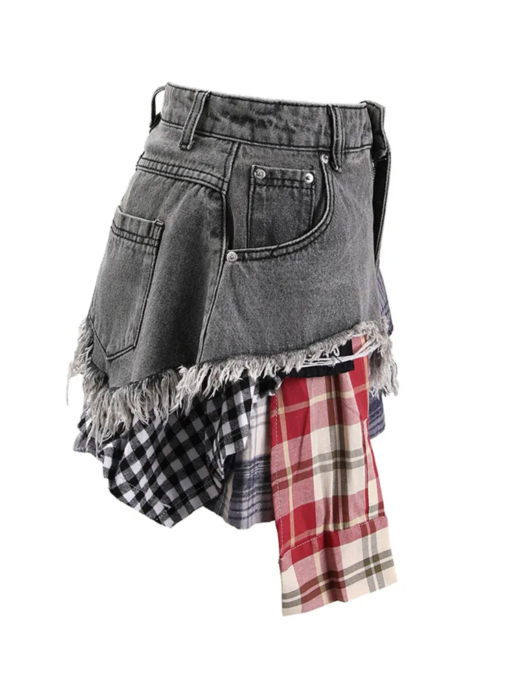 DEAT Fashion Women\'s Denim Skirt Colored Plaid Patchwork Irregular Deconstructed A-line High Waist Mini Skirts Summer 2024 New