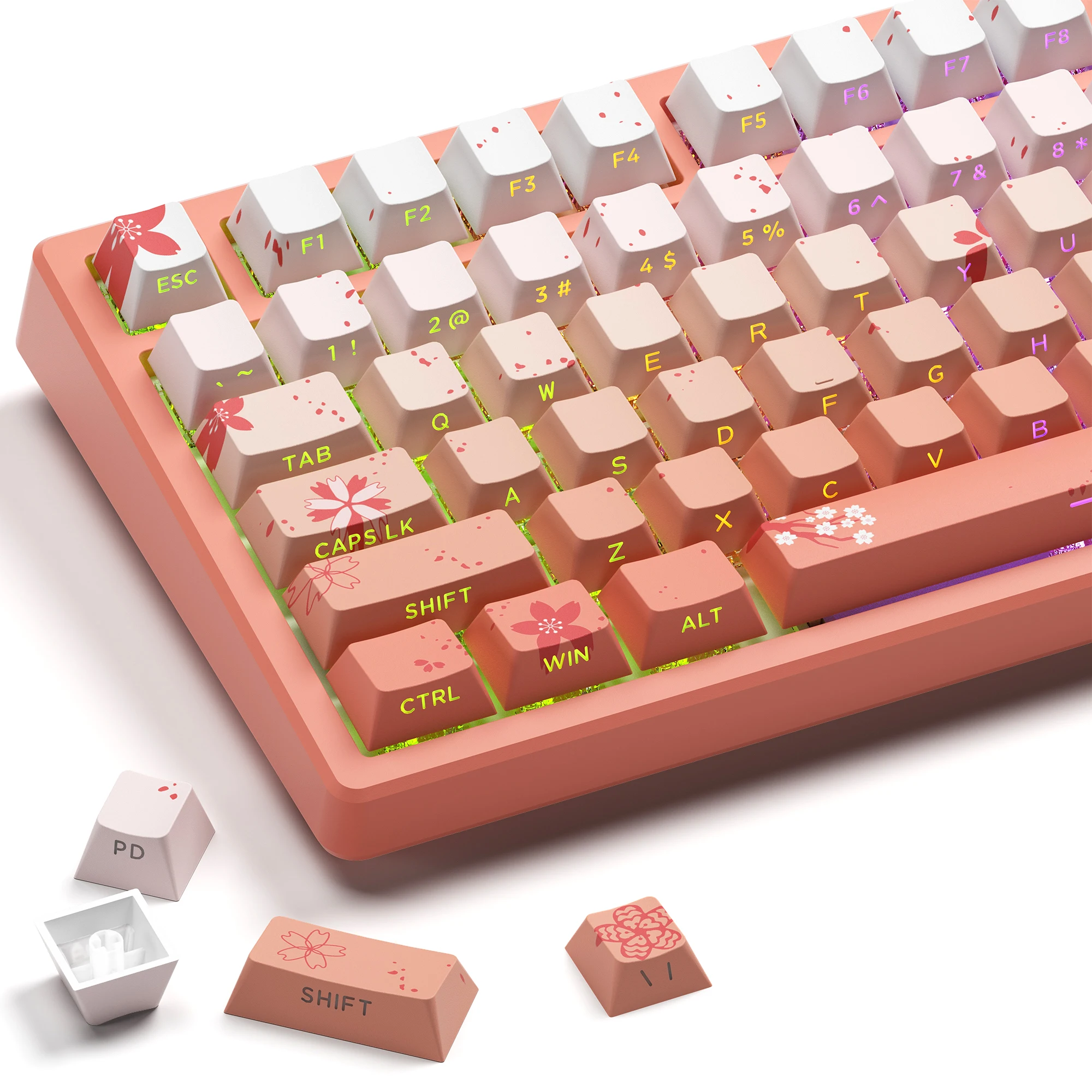 Pink gradual change side engraved light original height PBT material five-sided sublimation keycap