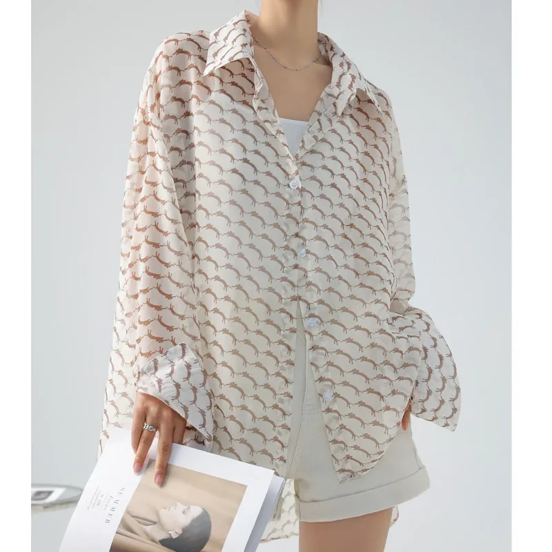 Summer Casual Shirts Chiffon Long Sleeve Sun Protection for Women Print Color Korea Stylish Classic Loose Female Blouse