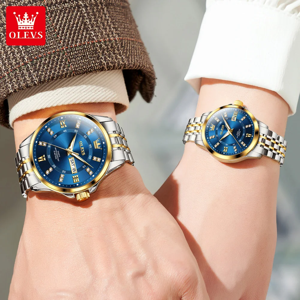 ساعات OLEVS للأزواج الفاخرة من أفضل العلامات التجارية المصنوعة من الفولاذ المقاوم للصدأ ساعة يد كوارتز أصلية لمحبي تقويم مضيء مقاوم للماء