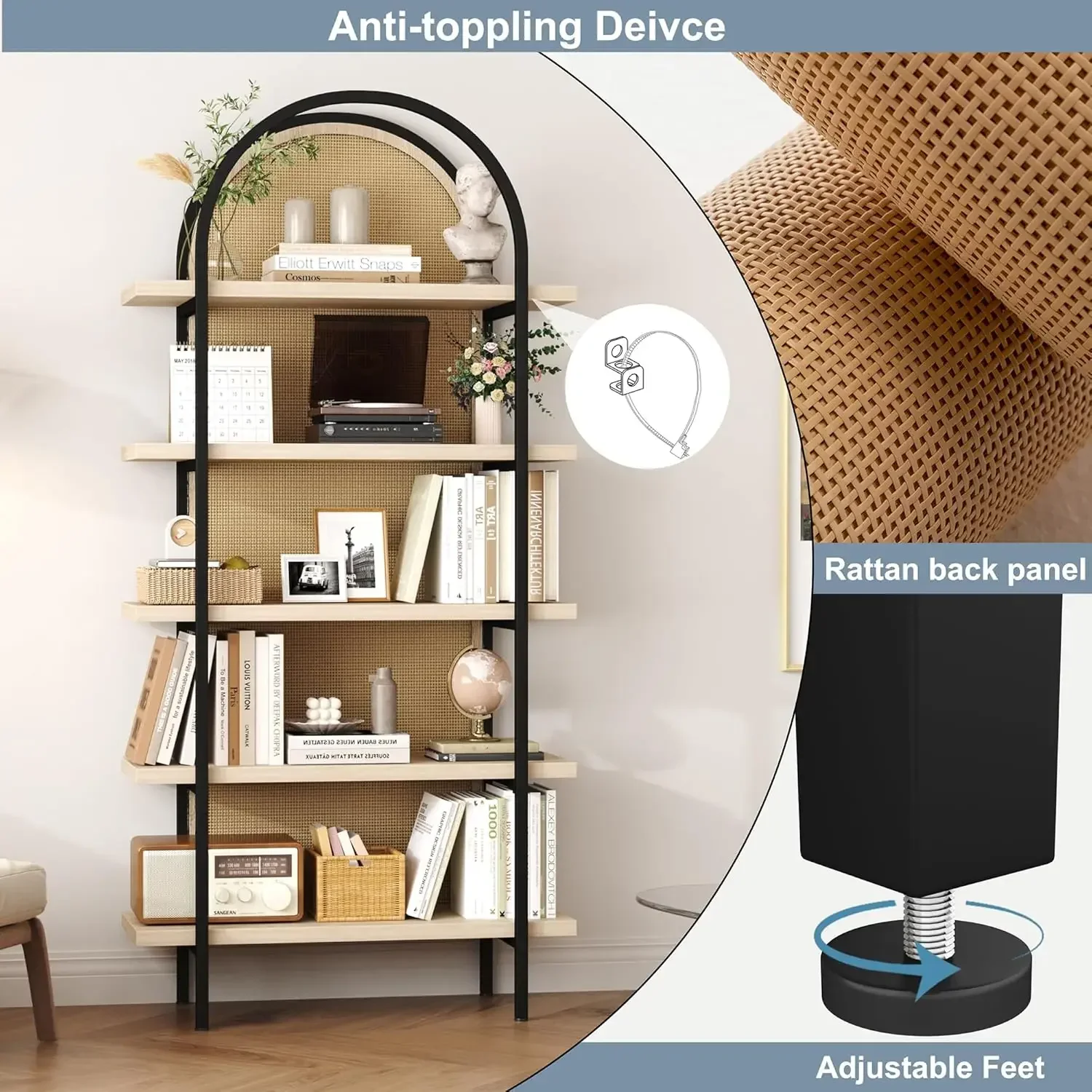 [وصول جديد، شحن مجاني! ]خزانة كتب مقوسة من 5 طبقات من الروطان، أرفف كتب صناعية مفتوحة بطول 74 بوصة لغرفة المعيشة، إخوانه