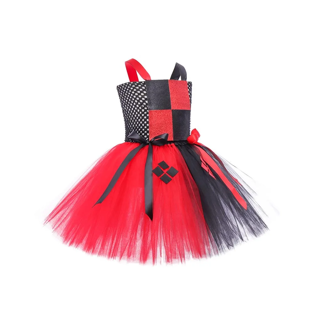 2024 Girls Clown Joker Costume Kids Cruella De Vil Fancy Dress Birthday Children Tutu Dress Halloween Villain Fantasy Cosplay