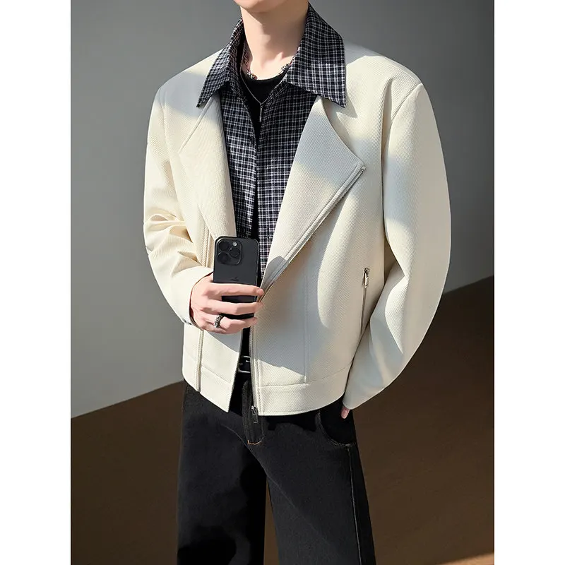 

2026 Spring Vacation Two-piece Spliced Jacket for Men Plaid Lapel Zipper Jacket Loose Casual Business Street Wear Social Coats