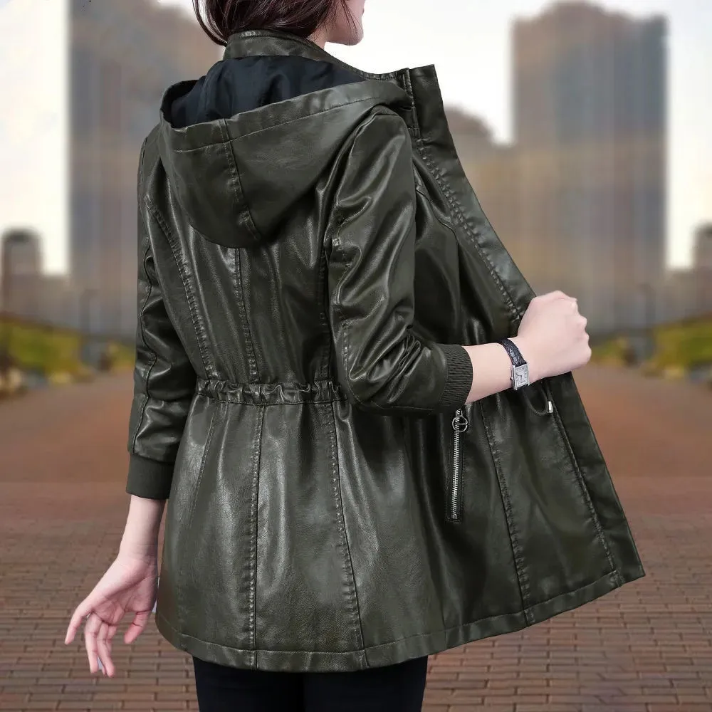 Women's PU Leather Coat Spring Autumn Fashion Hooded Motorcycle Jacket Female Casual Zipper Faux Leather Windbreaker 4XL Y1000