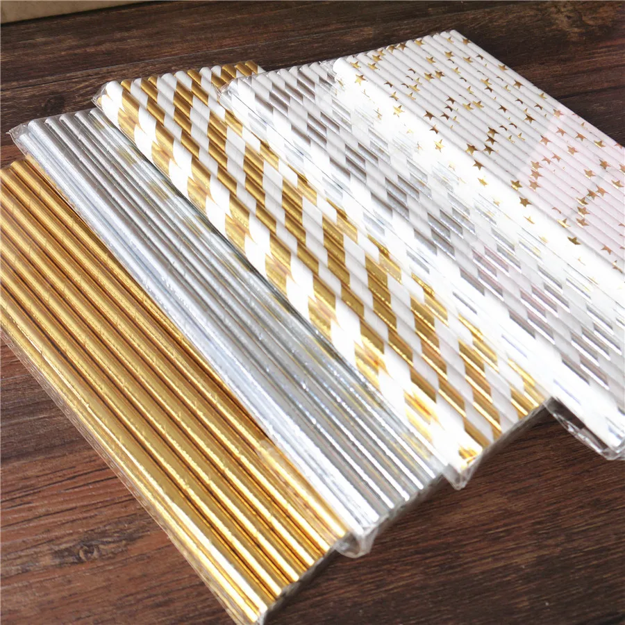 25pcs Metallic Gold Heart Star Foil Stripe Paper Straws Silver Chevron Wedding Party Decor Paper Straws Baby Shower Cake Topper