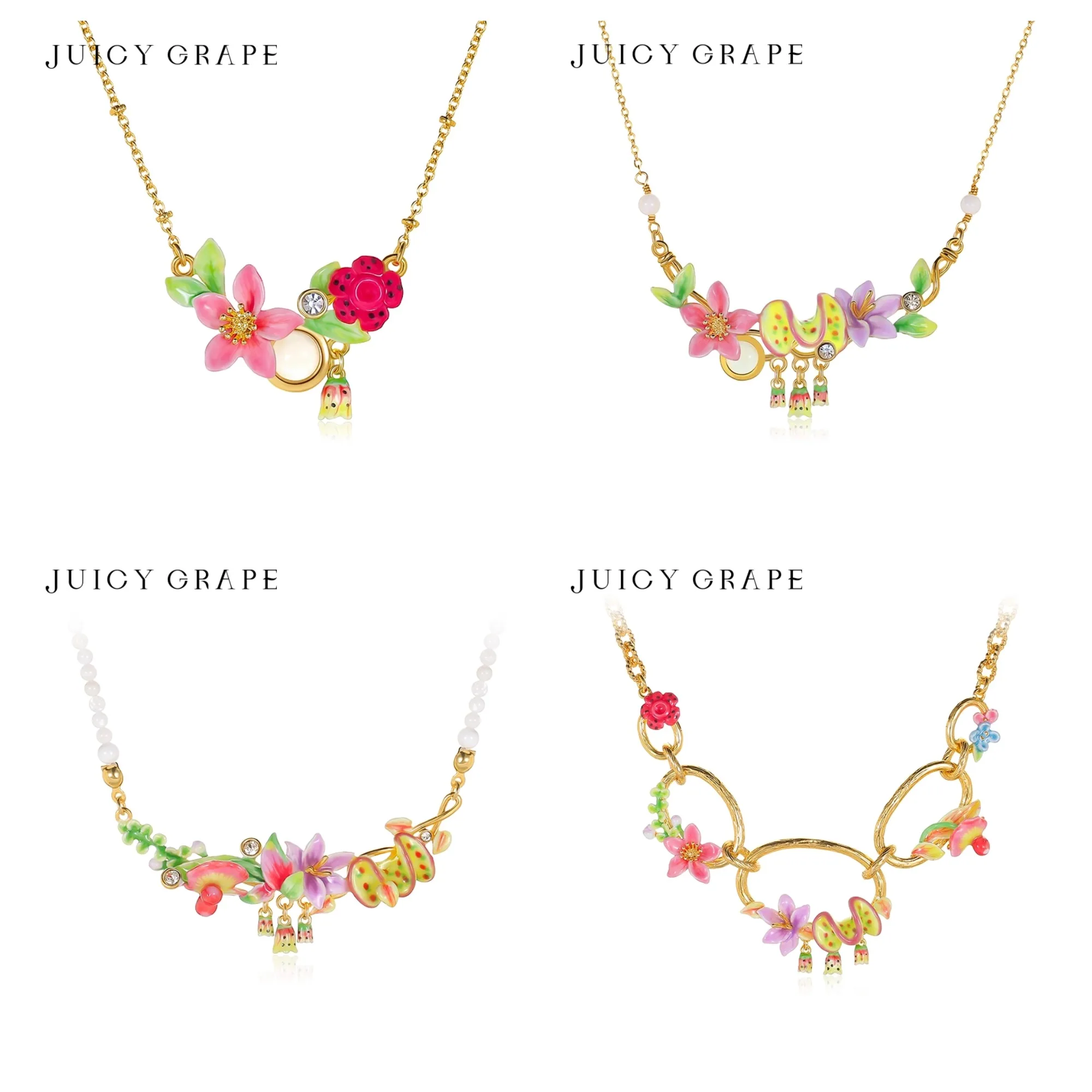 

Juicy Grape Enamel Tropical Flower Necklace Colorful Floral Fruit Charms Gold Plated Boho Summer Beach Jewelry Gift for Women