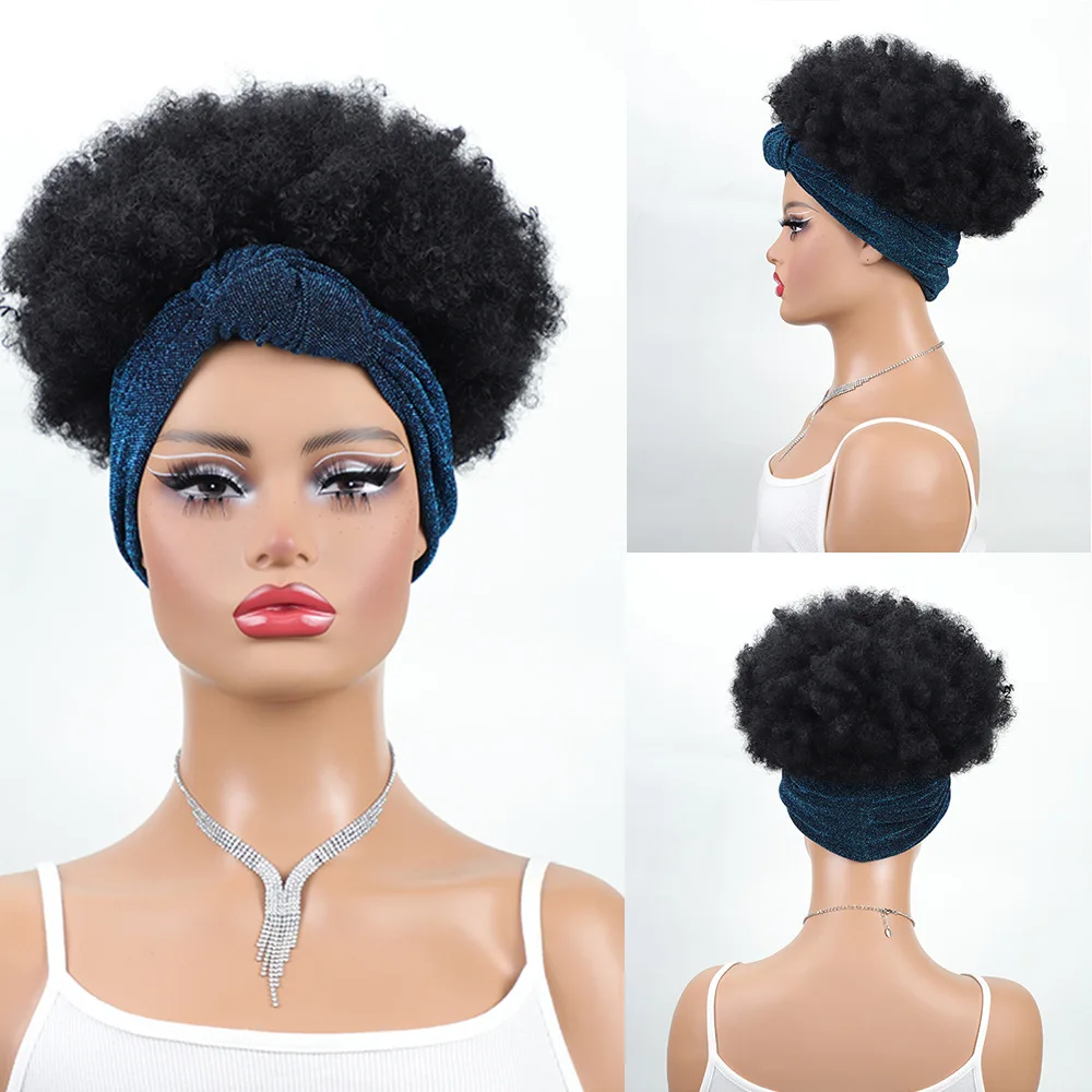 Synthetic Afro Kinky Curly Headband Wigs Short Fluffy Curly Scarf Wig for Black Women Head Band Wig Daily Cosplay Party Use Wig